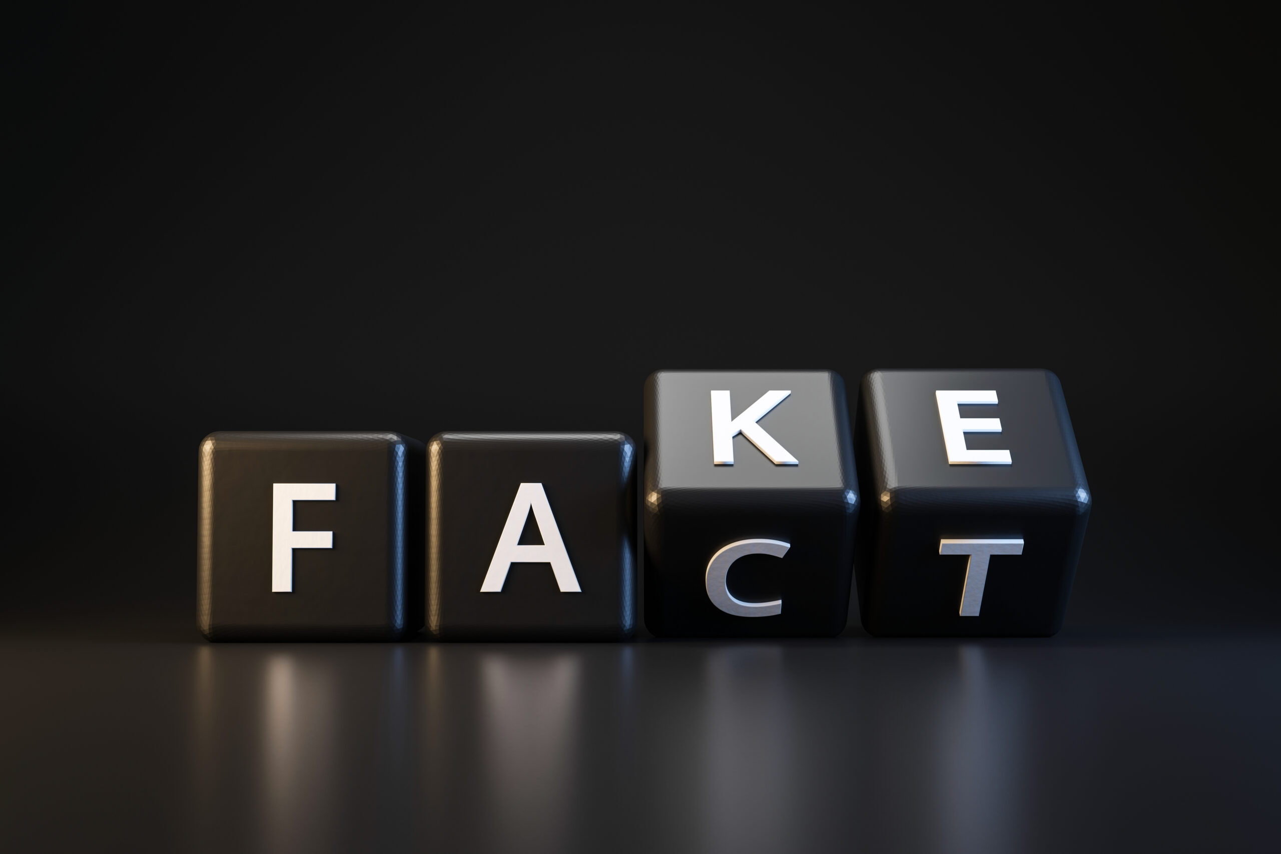 Black dice and fact or fake with April fools day concept on dark background. Misleading and changing communication. April fools day. Realistic 3D render.